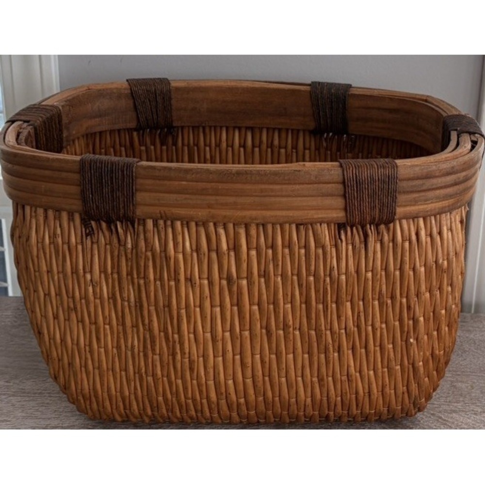 Vintage Woven Bamboo Gathering Basket With Wood Handles Brown & Tan